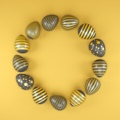 3d render of 13 black and gold easter eggs on yellow background. - Vacation background