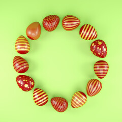 3d render of 13 red and gold easter eggs on green background. - Vacation background