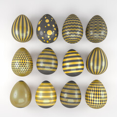 3d render of 12 black and gold easter eggs on white background. - Vacation background