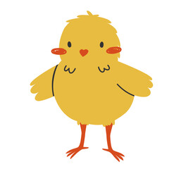 Hand drawn cute cartoon illustration of standing small chick. Flat vector spring Easter design sticker in colored doodle style. Сhicken, bird nestling icon or print. Isolated on background.