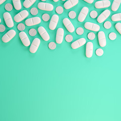 3d render of white tablets, pills - medicine on green background.