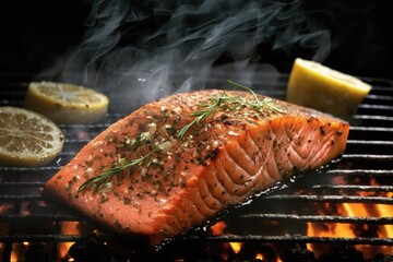 Salmon steak on the grill - obrazy, fototapety, plakaty