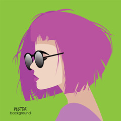 art portrait of beautiful young woman with sunglasses; fashion flat isolated vector; glamour girl model; illustration in trendy colors; pink short hairstyle for the evening, wedding