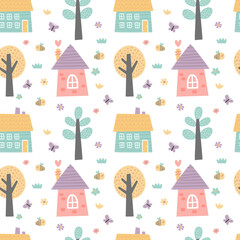 vector seamless pattern with a cute town