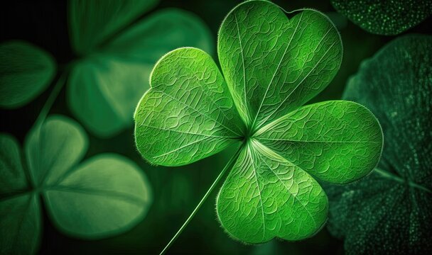  a four leaf clover with green leaves in the back ground.  generative ai