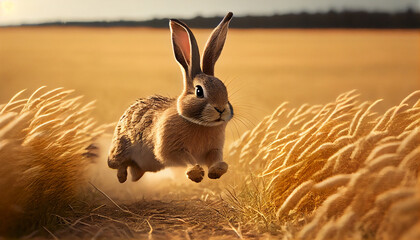 A rabbit running through an open field generative AI