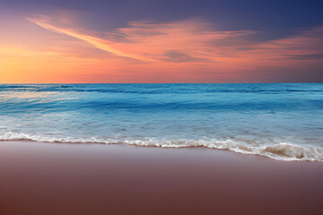 Seascape abstract beach background. blur bokeh light of calm sea and sky. Focus on sand foreground ai generative