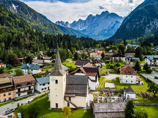 Fototapeta na wymiar The mountain town of Valbruna and the Julian Alps. Dream nature. Friuli.