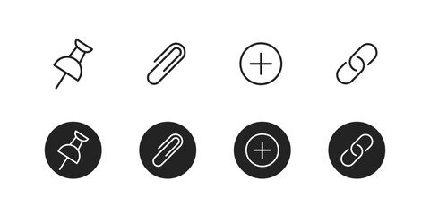 Attach icon set. Add pin, clamp, clip, plus and chain symbol colection. Attachment file minimalistic button interface element.