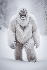 Bigfoot yeti sasquatch walking in snow illustrated, AI generative 