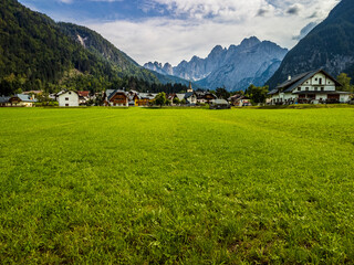 Obraz premium The mountain town of Valbruna and the Julian Alps. Dream nature. Friuli.