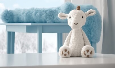  a stuffed sheep sitting on a table in front of a window.  generative ai
