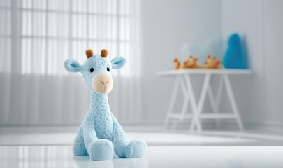  a stuffed giraffe sitting on the floor in a room.  generative ai