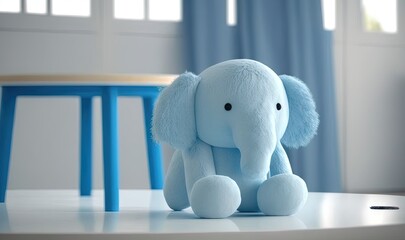  a blue stuffed elephant sitting on top of a white table.  generative ai