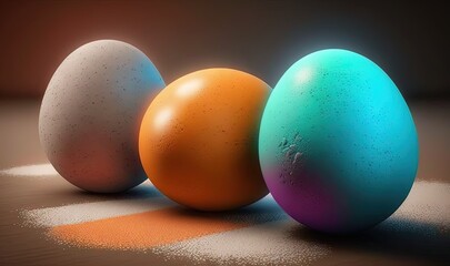  three different colored eggs sitting next to each other on a table.  generative ai