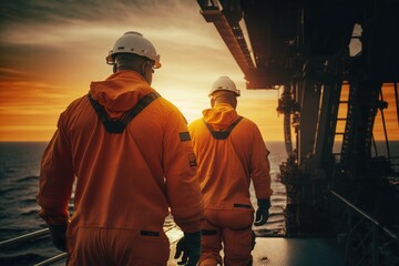 Fototapeta premium Offshore and industrial workers working on an oilrig, made with generative ai