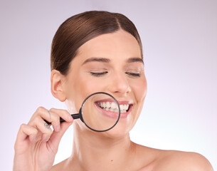Magnifying glass, teeth or woman with dental, smile or natural face beauty in oral health hygiene...