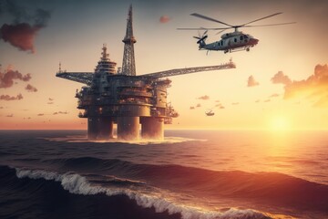 Oilrig and helicopter, made with generative ai