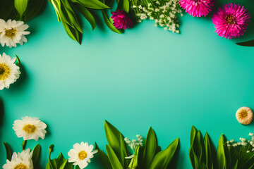 Obraz premium Blossoming flowers and leaves on pastel background. Flat lay with copy space. Generative AI.