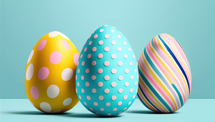 Colorful Easter eggs on pastel blue background. Creative design.