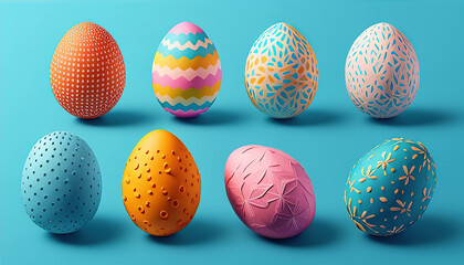 Colorful Easter eggs on pastel blue background. Creative design.