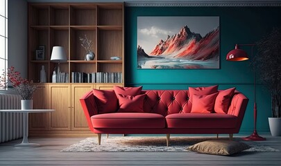  a living room with a red couch and a painting on the wall.  generative ai