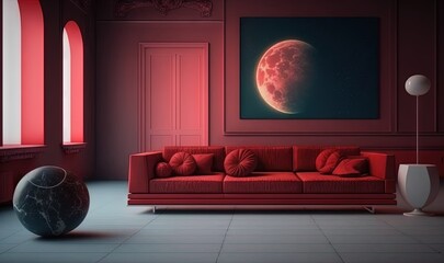  a living room with a red couch and a large painting.  generative ai
