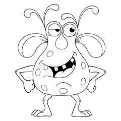 A smiling black and white monster. A funny cartoon alien. A funny microbe. Illustration for colouring in. 