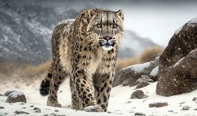Obraz premium a snow leopard walking through the snow in a mountain range. generative ai
