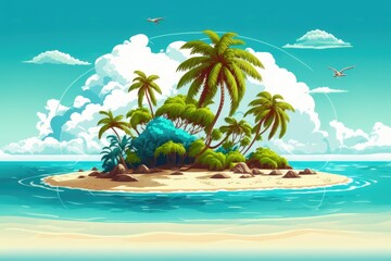 Exotic island vacation, caribbean getaway, maldives scenery, summer vacation, turquoise sea, ocean wave, yellow sand, green palms, blue sky, white clouds. Generative AI