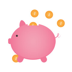 Money box. Vector flat illustration of piggy bank with coins with dollar sign.