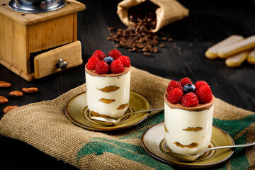 Tiramisu in glass with berries on top