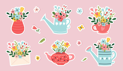 Spring set of hand drawn stickers. Floral decorations. Bouquets of flowers in a watering can, cup, teapot, envelope. Seasonal symbols. Suitable for scrapbooking, greeting card, stickers, flower shop. - obrazy, fototapety, plakaty