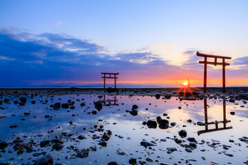 干潮時の大魚神社の海中鳥居と日の出　佐賀県太良町　Undersea torii gate and...