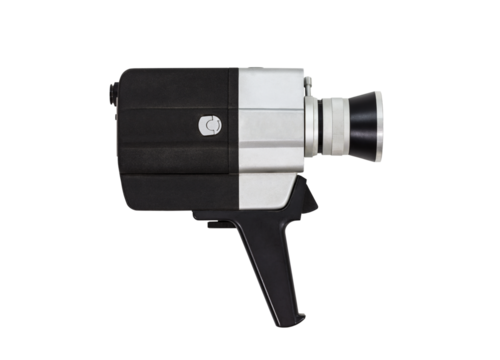 Vintage super 8 film camera side view with cut out background.