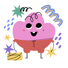 Abstract geometric character. Basic cloud with cute faces, legs and hands, funny graphic mascot. Modern childish creature. Poster or banner isolated objects vector cartoon doodle illustration