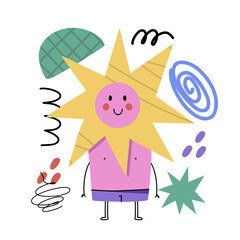 Abstract geometric character. Basic star figure with cute faces, legs and hands, funny graphic mascot. Modern childish creature. Poster or banner isolated objects vector cartoon doodle illustration