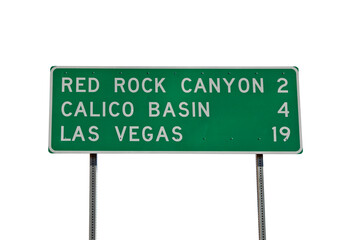 Las Vegas, Calico Basin and Red Rock Canyon highway distance sign with cut out background in Southern Nevada. © trekandphoto