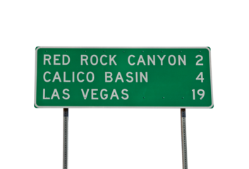 Las Vegas, Calico Basin and Red Rock Canyon highway distance sign with cut out background in Southern Nevada.