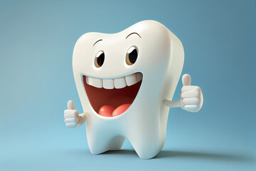 Happy tooth cartoon character with two thumb up. Generative AI. 