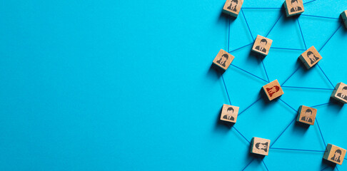 Organization structure, social network and teamwork concept on blue background. Business people...