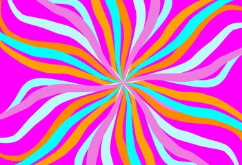 Pink background with 70s sunburst art.