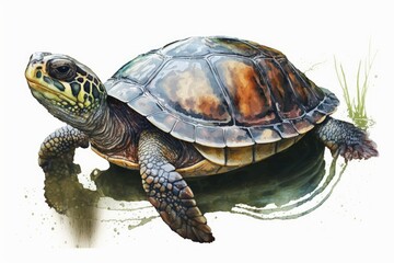 Obraz premium A lovely mud turtle. animal life that thrives in fresh water. Top down perspective. White backdrop with a watercolor style image. Generative AI