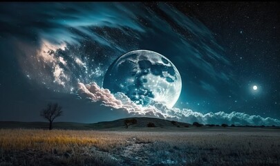 Fototapeta na wymiar a full moon in the sky above a field of grass. generative ai