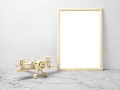 Blank frames mockup on marble floor with wooden plane