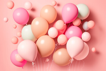 Pink background with balloons abstract party in pastel colors	 - obrazy, fototapety, plakaty