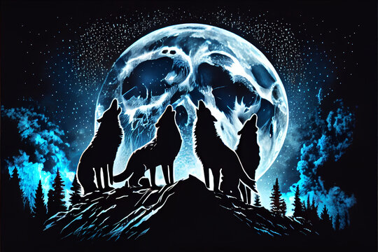 A group of wolves in the night forest howl at the big moon.