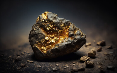 Fototapeta Gold Nugget, large and with a rough rocky look. Concept of Gold mining and prospecting. Illustrative Generative AI. obraz