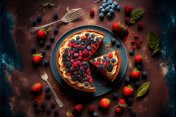 Top view, round cake with berries cut into triangular pieces. The cake is surrounded by berries and mint leaves all around.