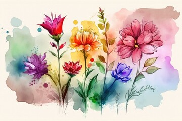 Artistic depictions of flowers in a variety of colors, painted in watercolor. Generative AI